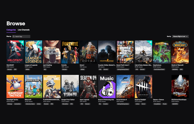 A screenshot of the Twitch.tv homepage