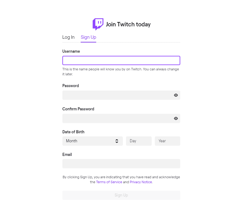 Screenshot of Twitch.tv registration page