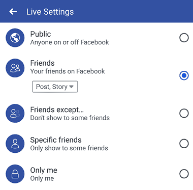 Screenshot of facebook live privacy settings